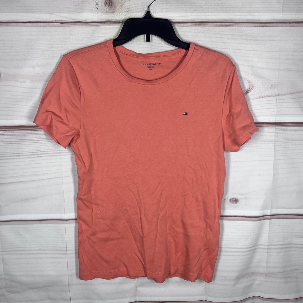Tommy Hilfiger T-Shirt Womens Large Orange Crew Neck Short Sleeve Cotton Logo
